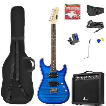 Max - GigKit 4/4 Elektromos gitár szett (20W erősítő, táska, hangoló, pengetők) – Quilted Style Kék