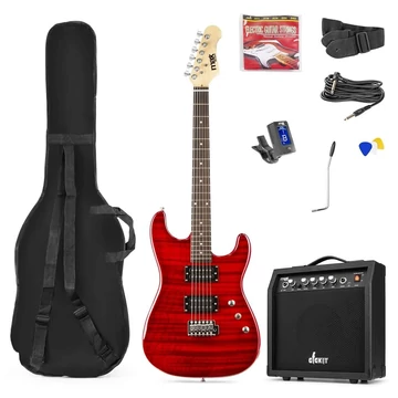 Max - GigKit 4/4 Elektromos gitár szett (20W erősítő, táska, hangoló, pengetők) – Quilted Style Piros