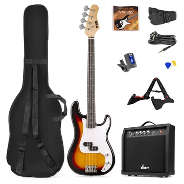 Max - Gigkit Elektromos basszusgitár szett (20W erősítő, táska, hangoló, pengetők) – Sunburst