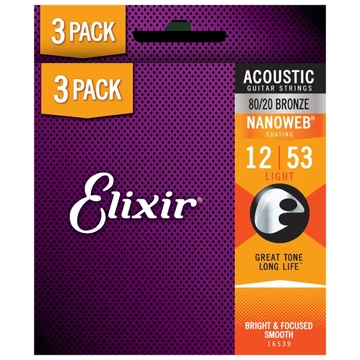 Elixir - 80/20 Bronze NanoWeb 12-53 (16539) Light akusztikus húrkészlet 3 db