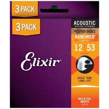 Elixir - Phosphor Bronze NanoWeb (16545) 12-53 Custom Light akusztikus húrkészlet 3 db