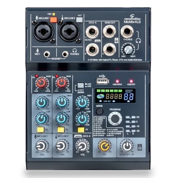 Soundsation - MIOMIX 4LS 4-csatornás keverő Digitális Effekttel, Lejátszóval, OTG és Audio Interfésszel