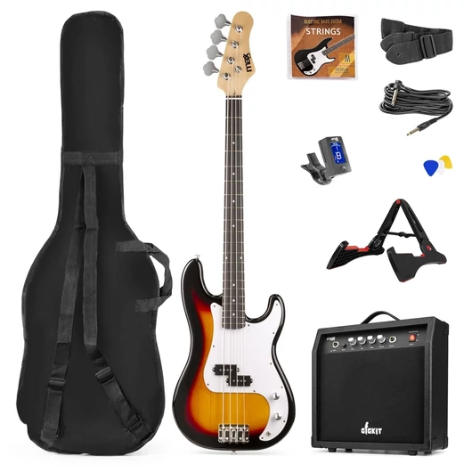 Max - Gigkit Elektromos basszusgitár szett (20W erősítő, táska, hangoló, pengetők) – Sunburst