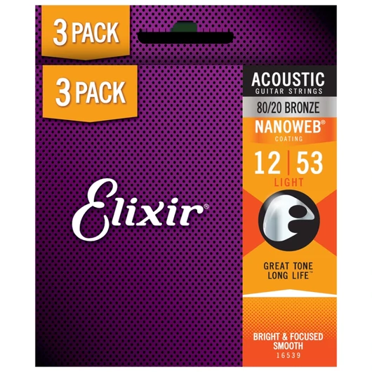 Elixir - 80/20 Bronze NanoWeb 12-53 (16539) Light akusztikus húrkészlet 3 db
