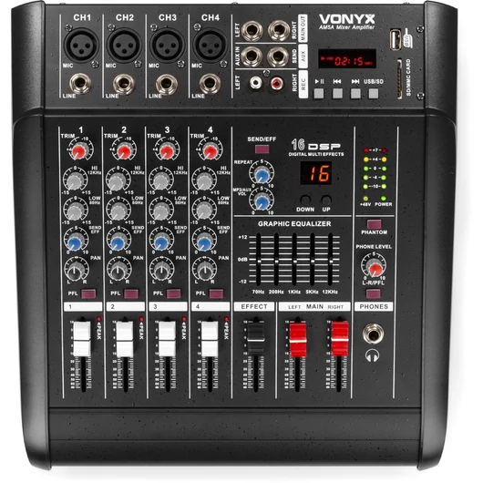 Vonyx - AM5A 2x500W, 4 csatornás keverőerősítő + MP3 + Bluetooth + Effekt